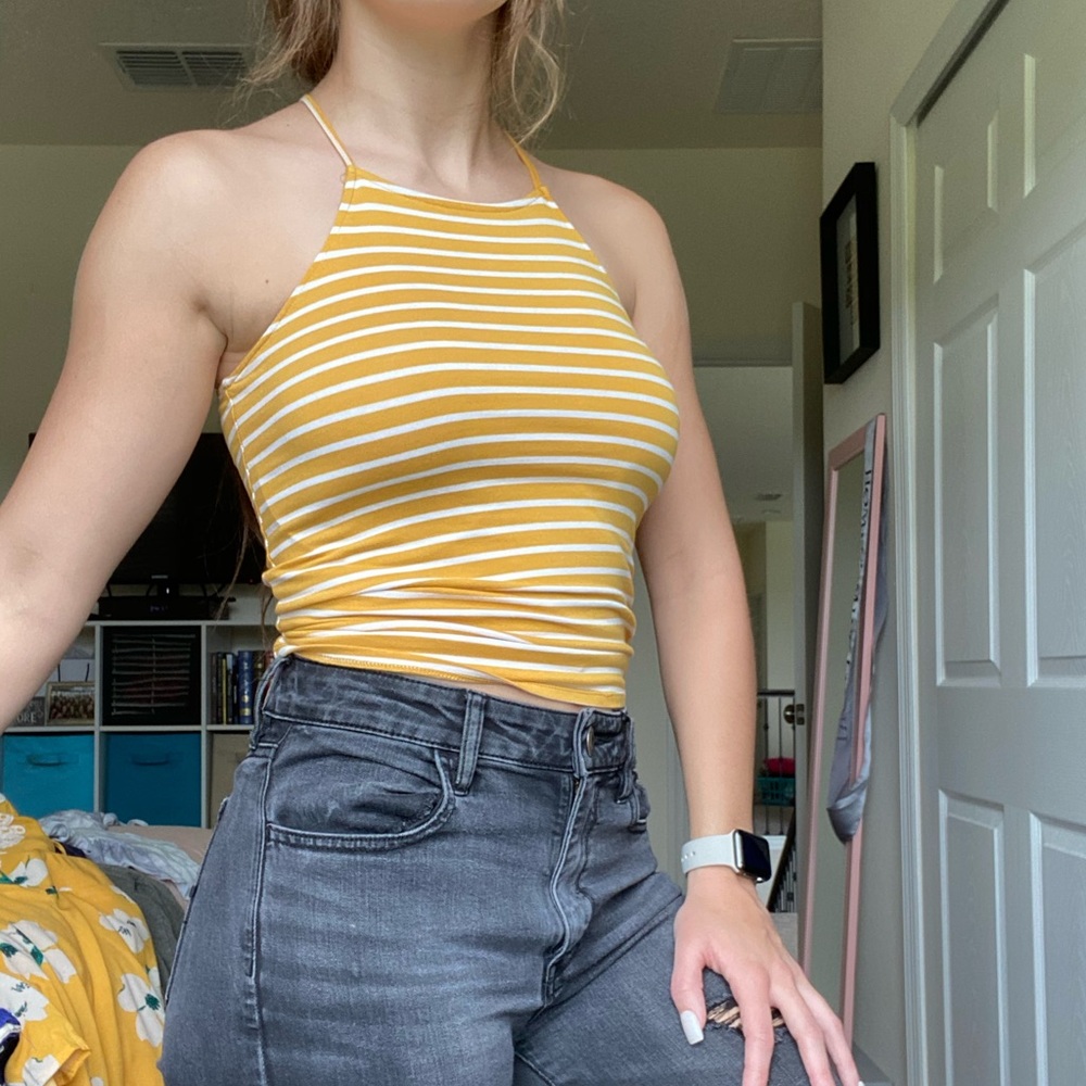 yellow striped high neck tank top small